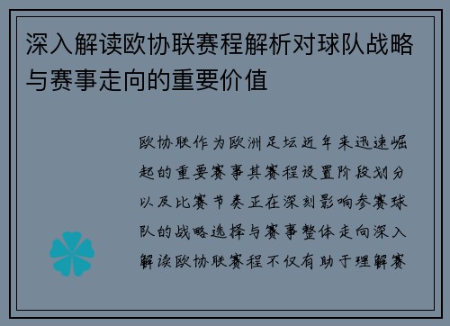 深入解读欧协联赛程解析对球队战略与赛事走向的重要价值